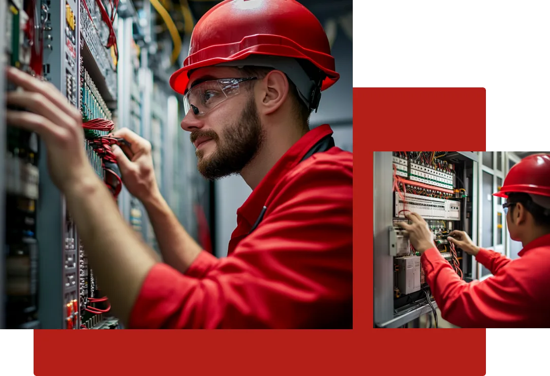 Two engineers in red uniforms and hard hats work on complex electrical panels, focusing intently on wiring and connections. The larger image shows an engineer adjusting panel components, while the smaller inset highlights another technician working on a similar setup. This image emphasizes Prism PSG’s commitment to innovative engineering and high-quality electrical services.